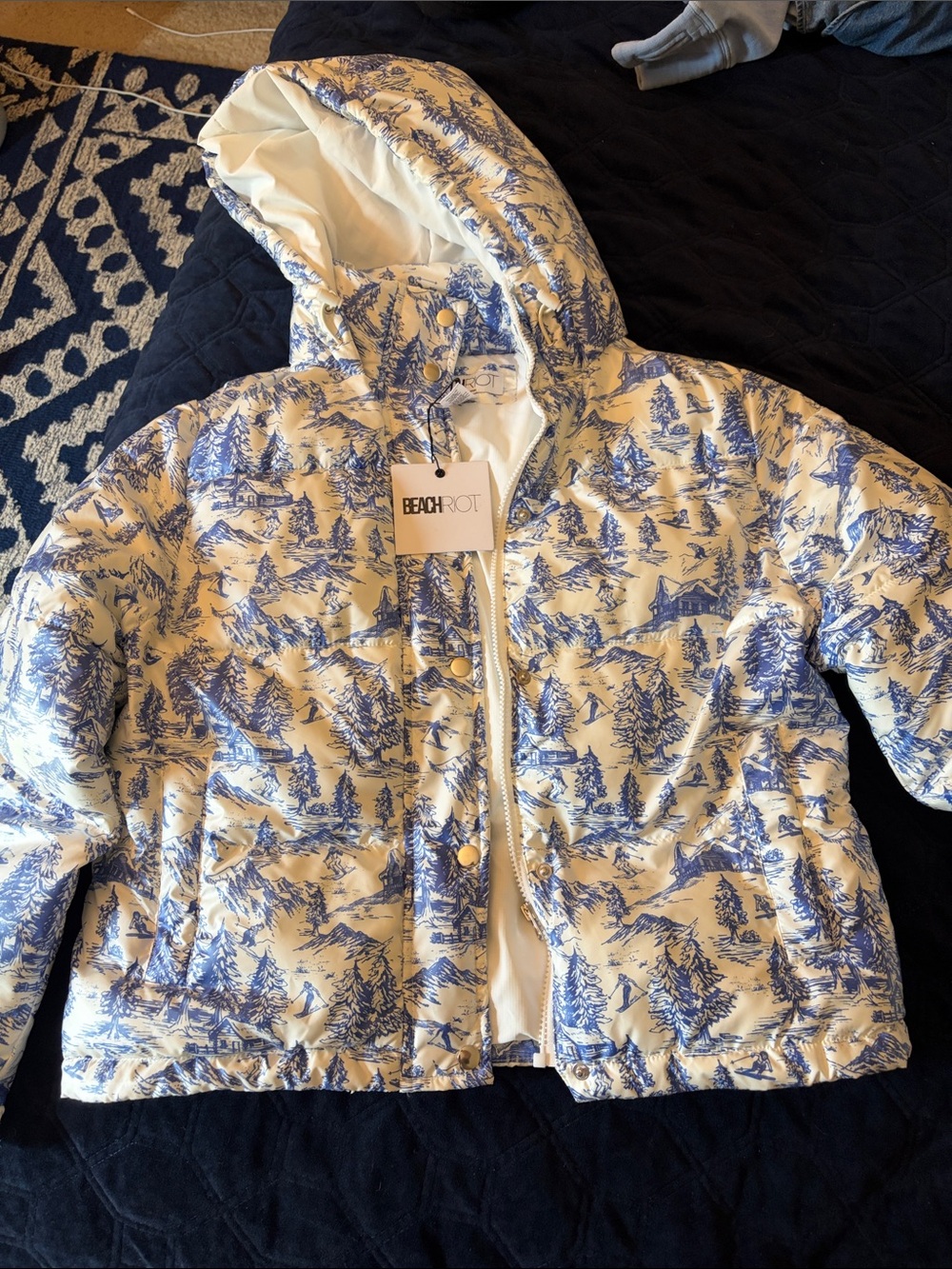 Beach Riot White & Blue Toile Hooded Puffer Jacket